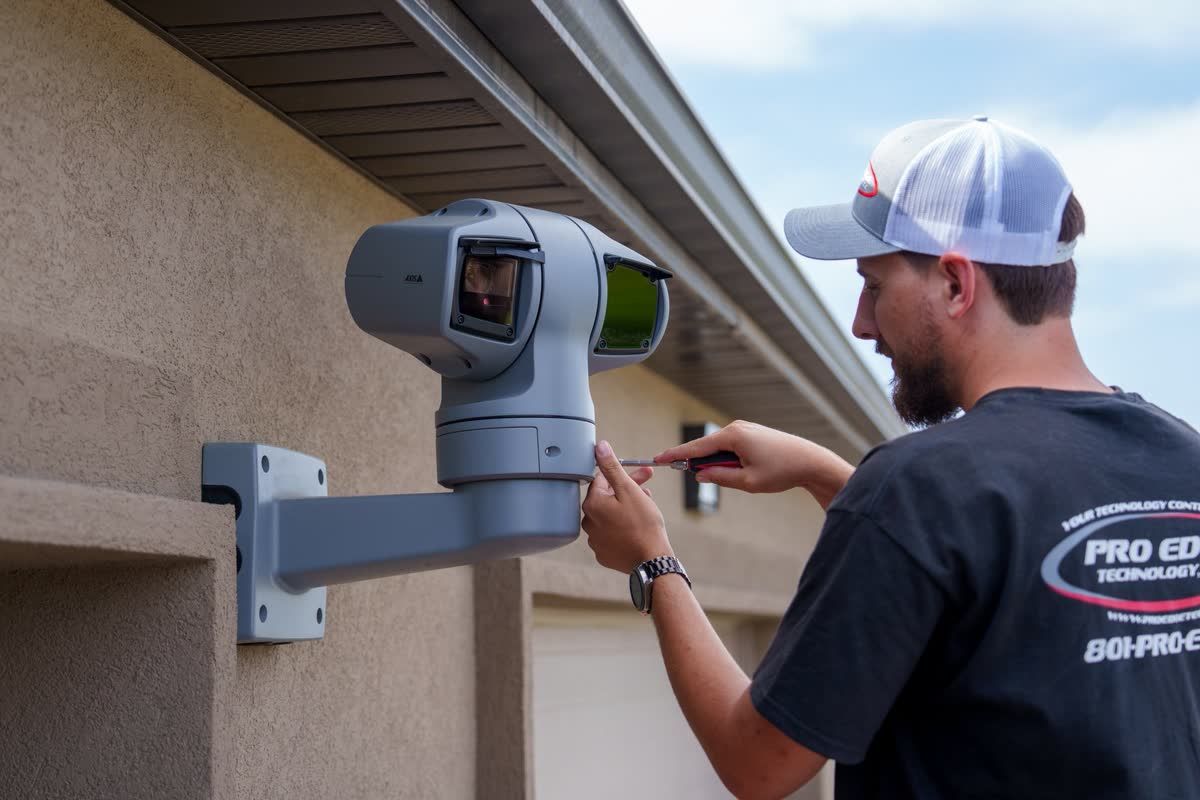 Pro Edge technician installing a security camera on a building exterior